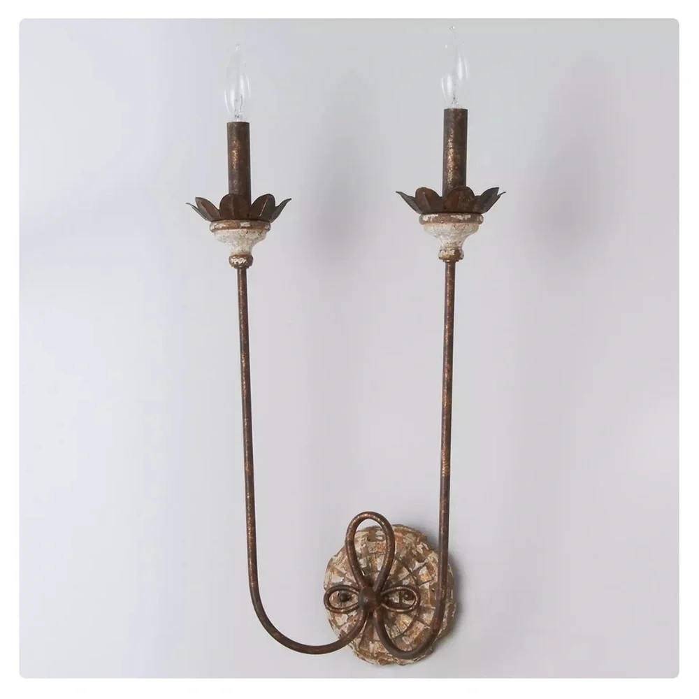 Rustic French Country 2-Light Wall Sconce Distressed Wood Aged Gold | Brand New